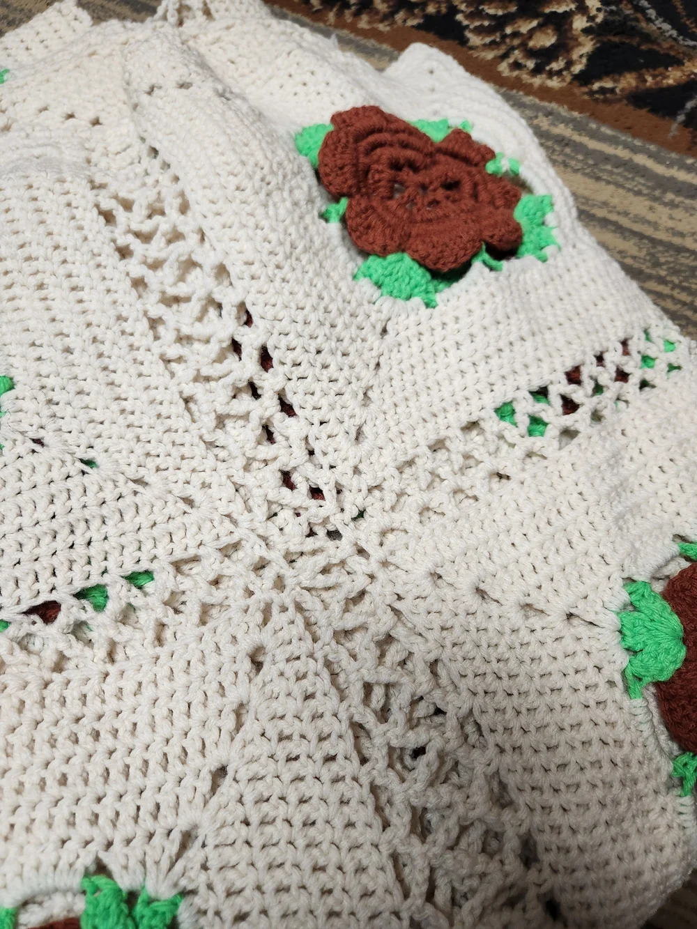 Handmade Cream Crochet Throw with Brown Rose Accents